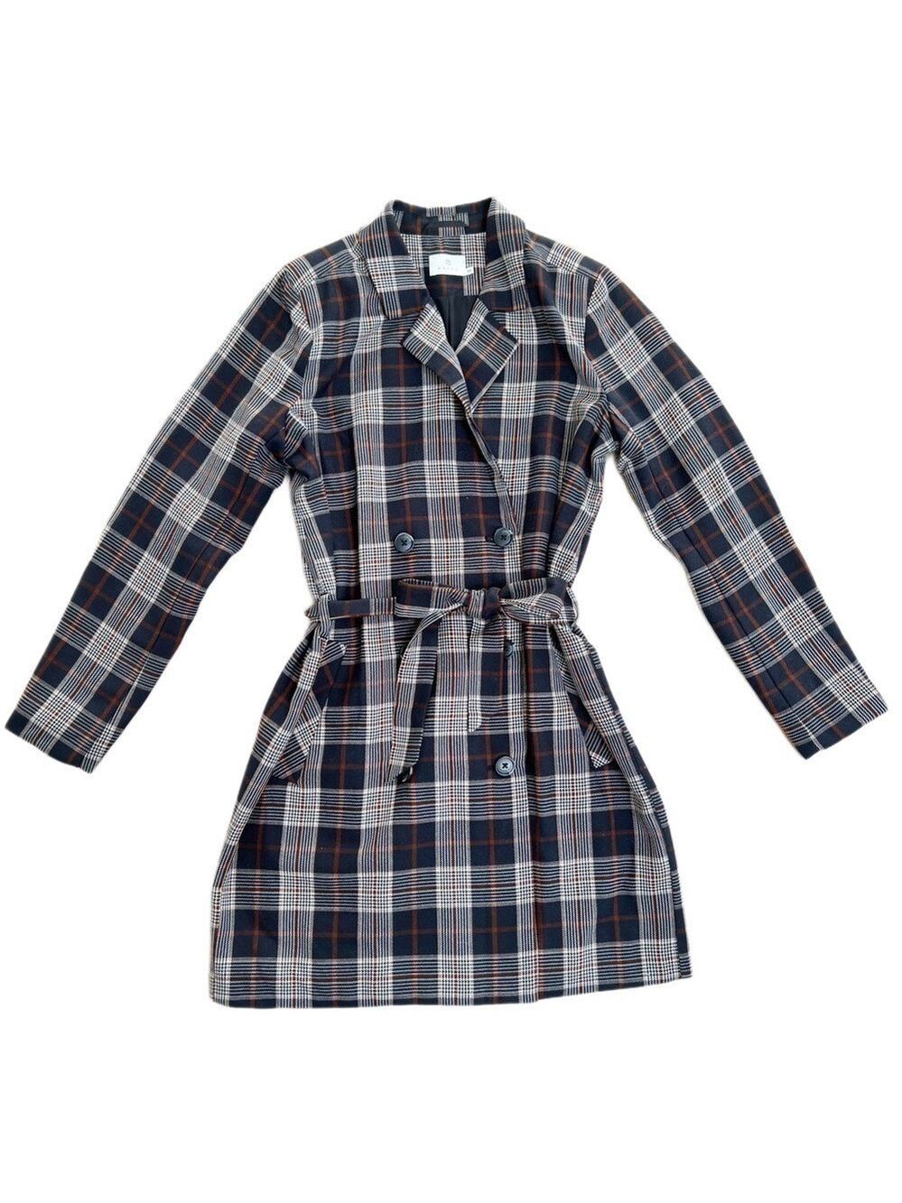 Kaffe Plaid Lightweight Navy, Brown, Cream Fall Jacket - Size 34EU (XS)